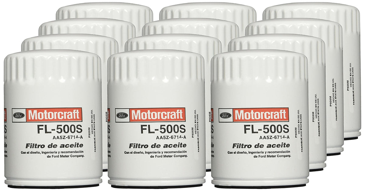 Motorcraft FL500SB front packaging showing twelve filters and clear part labeling for easy inventory