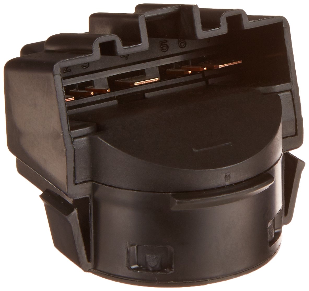 Motorcraft ignition switch front view showing black housing and durable contacts for reliable starts