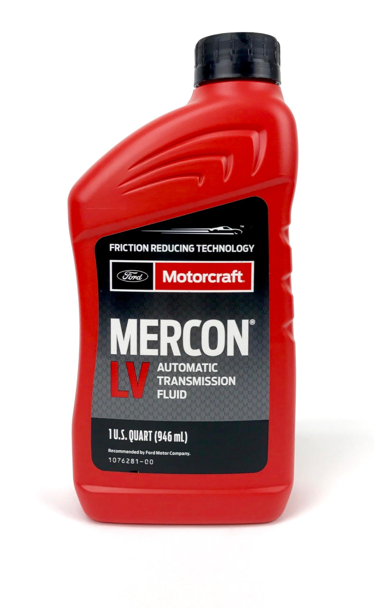 Motorcraft MERCON LV close-up label displaying specifications and Ford recommendation