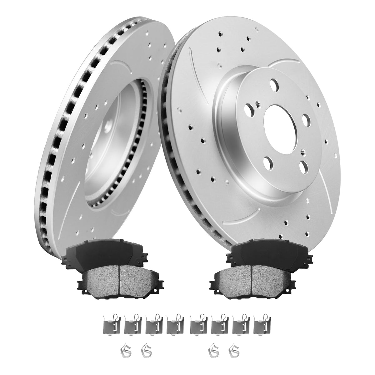 Motorevo front brake kit packaging showing contents and easy installation benefit