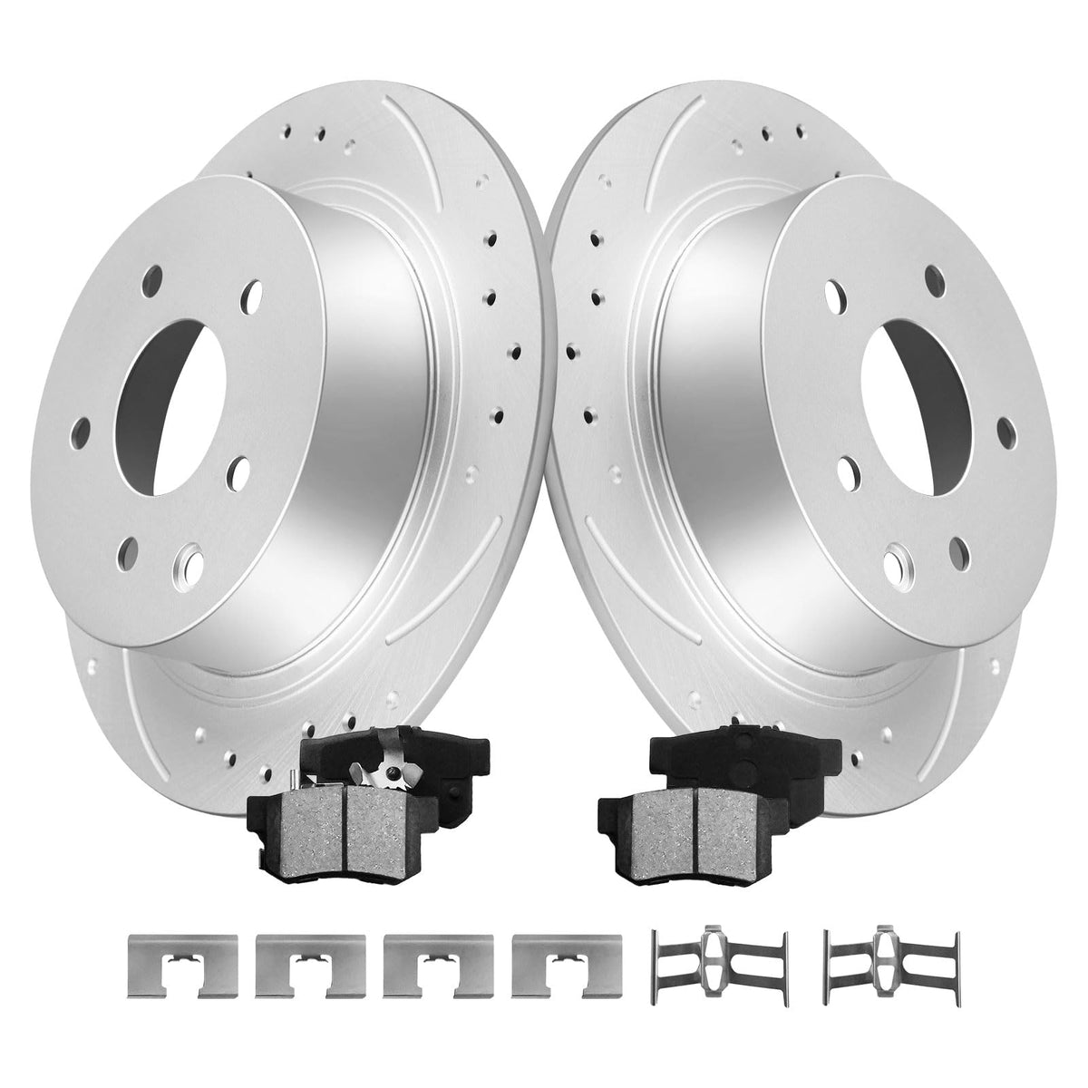 Motorevo rear brake kit front packaging showing included rotors and pads for easy identification