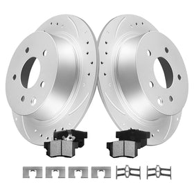 Motorevo rear brake kit front packaging showing included rotors and pads for easy identification