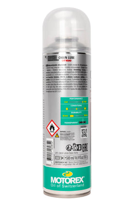Motorex 500ml aerosol beside refill bottle showing refillable convenience benefit