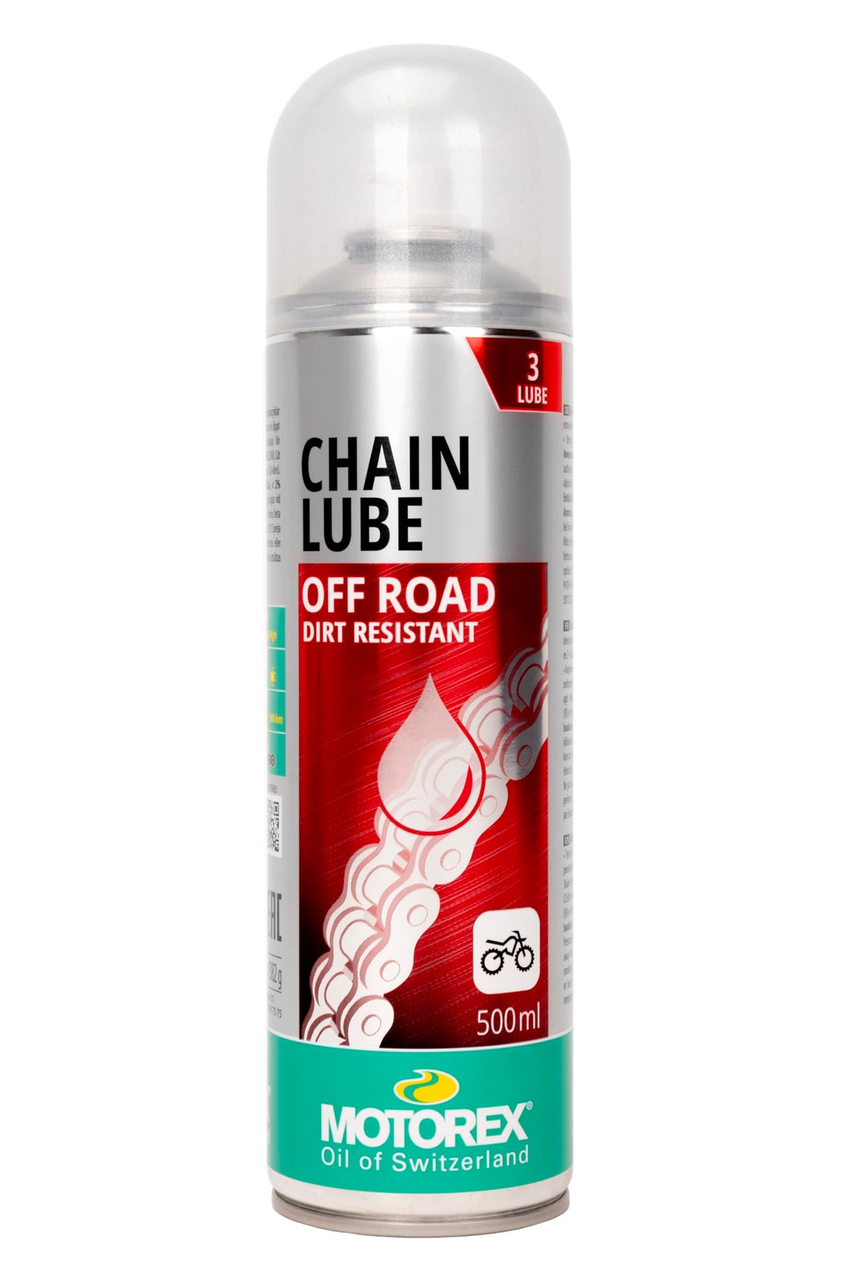 Motorex spray applied to chain on dirt bike demonstrating quick coverage benefit