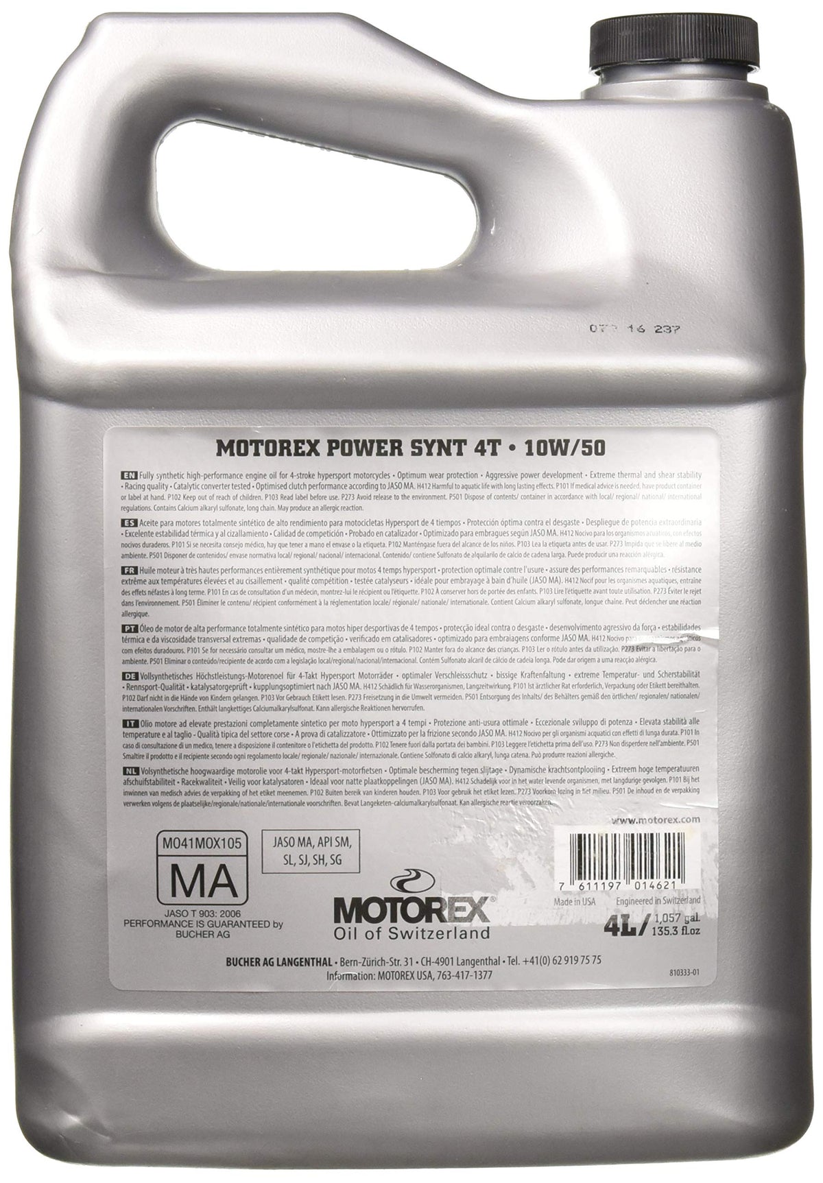 Motorex close-up pour spout and label demonstrating easy pouring and accurate dosing