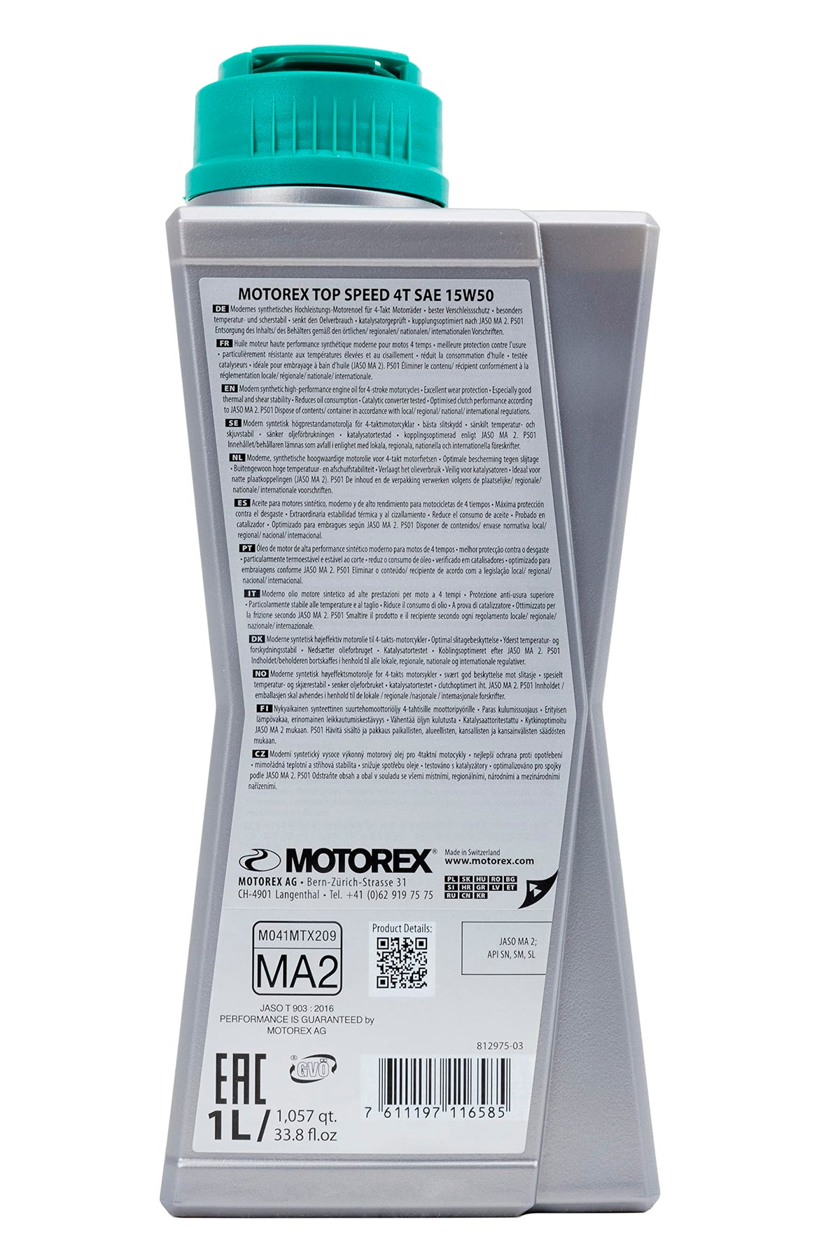 Motorex 1L bottle beside measuring cup showing compact 1L size