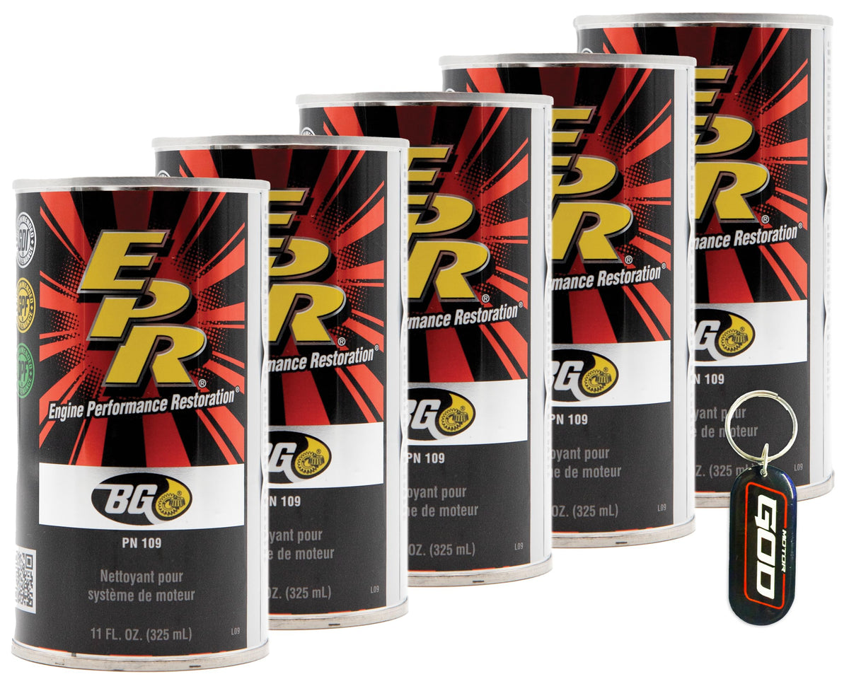 Motor God BG EPR 109 front packaging showing five cans and key chain benefit quick maintenance