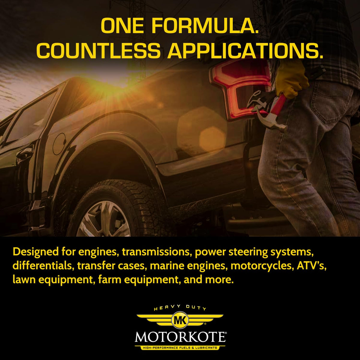 Motorkote bottle beside open engine under-hood showing heavy-duty application benefit