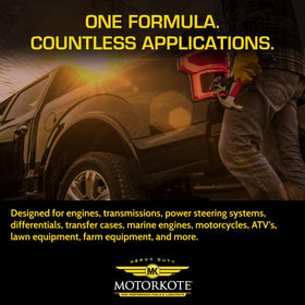 Motorkote bottle beside open engine under-hood showing heavy-duty application benefit