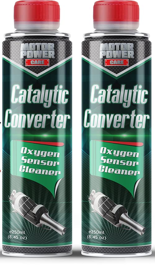 MotorPower Care bottle being poured into fuel tank to clean catalytic converter