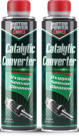 MotorPower Care bottle being poured into fuel tank to clean catalytic converter