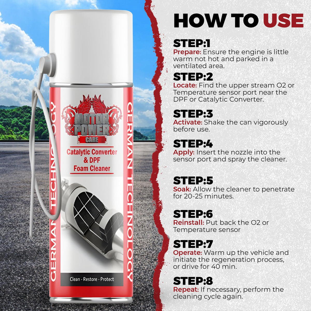 MotorPower Care foam spray can label visible showing direct-access cleaning advantage