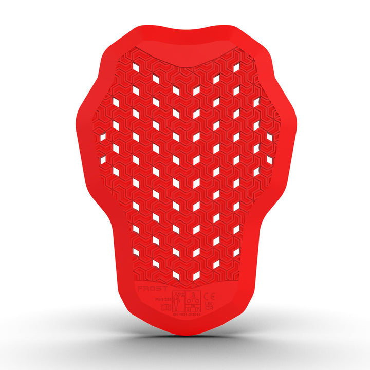 MOTOSTYLEWEAR red back protector front view showing slim profile and coverage
