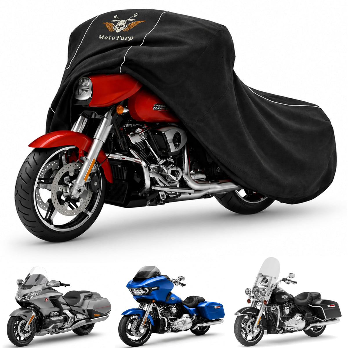 MotoTarp front view on motorcycle showing full protection and weatherproof benefit