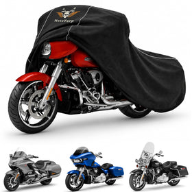 MotoTarp front view on motorcycle showing full protection and weatherproof benefit
