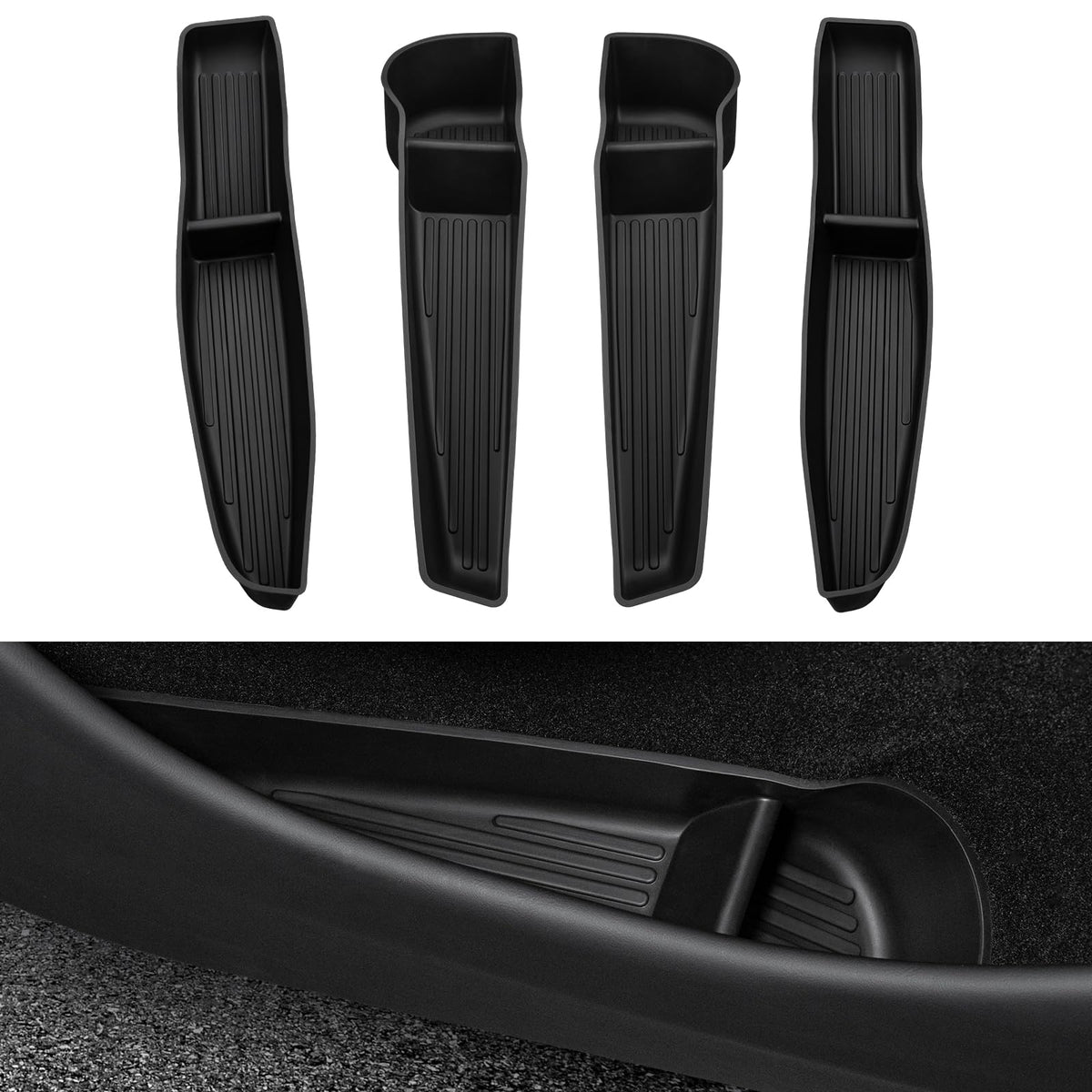 Motrobe front door tray installed in Model Y showing neat storage and protection
