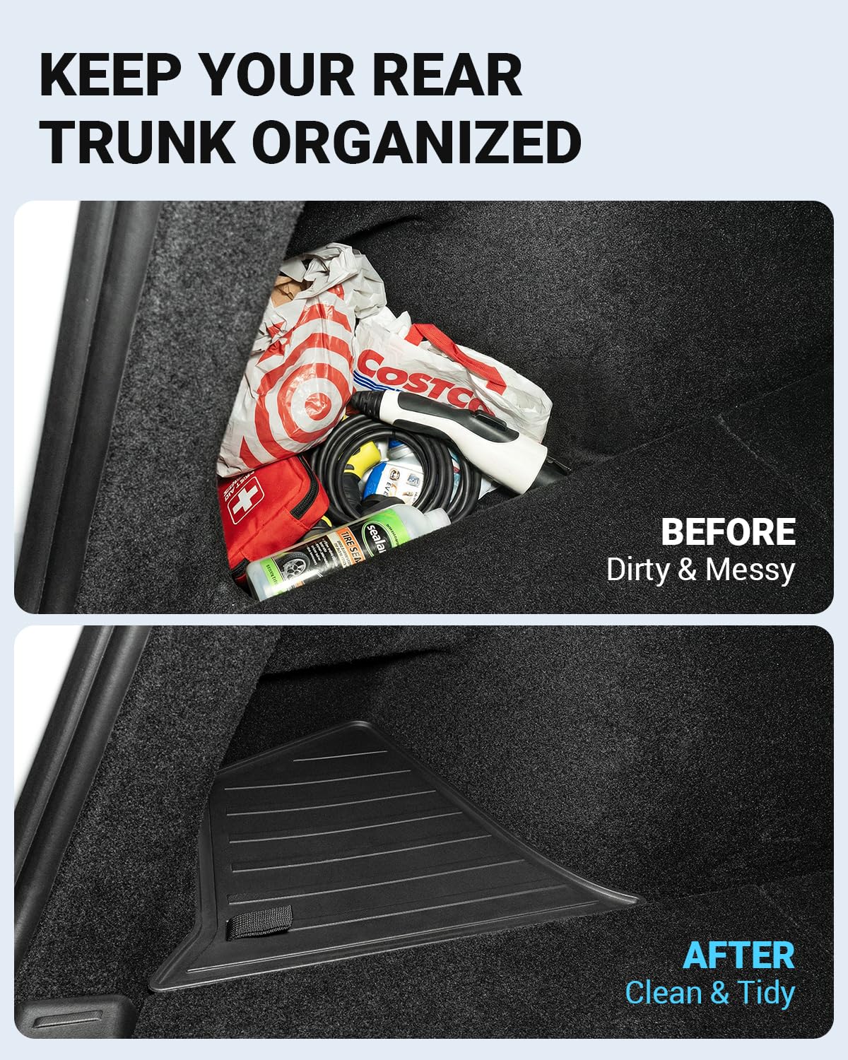 Motrobe organizer inserted in Model Y trunk showing scale and factory fit