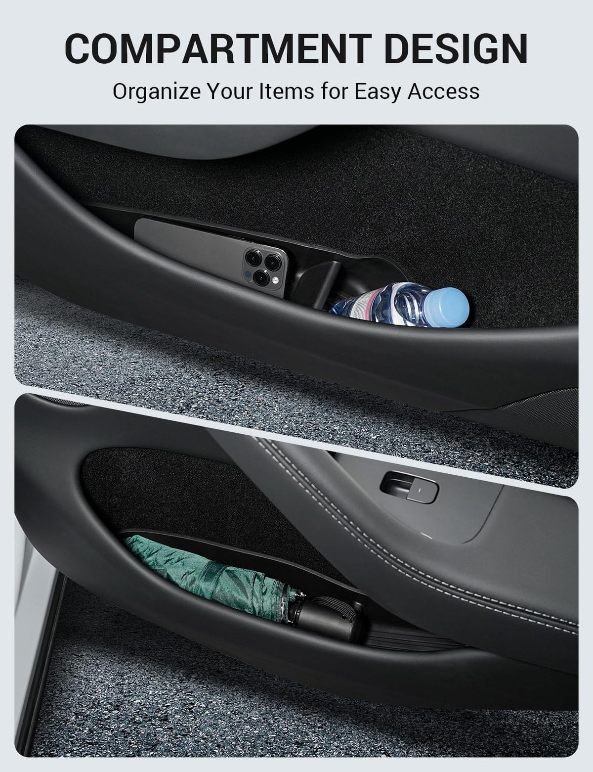 Motrobe side profile showing flush fit in Model Y door pocket for seamless look