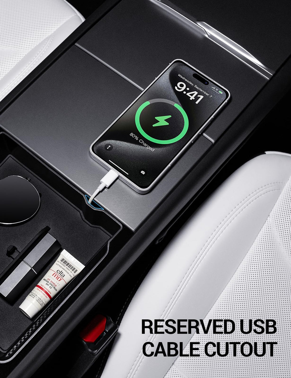 Motrobe USB cutout armrest detail preserving charging access advantage