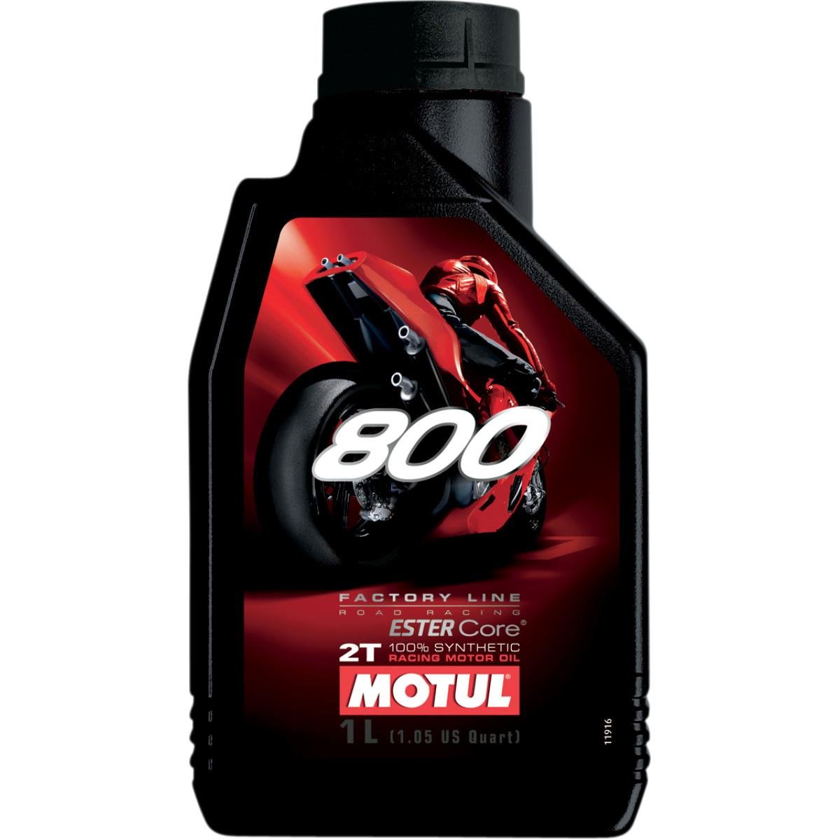 Motul 104041 800 2T front bottle view showing red oil for easy fuel mixing