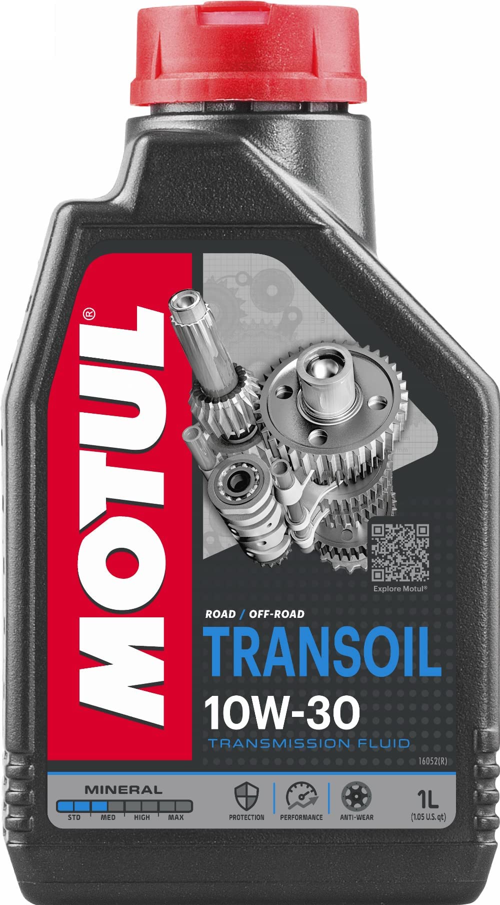 Motul 105894 10W-30 front view showing label and volume, protects wet-clutch performance
