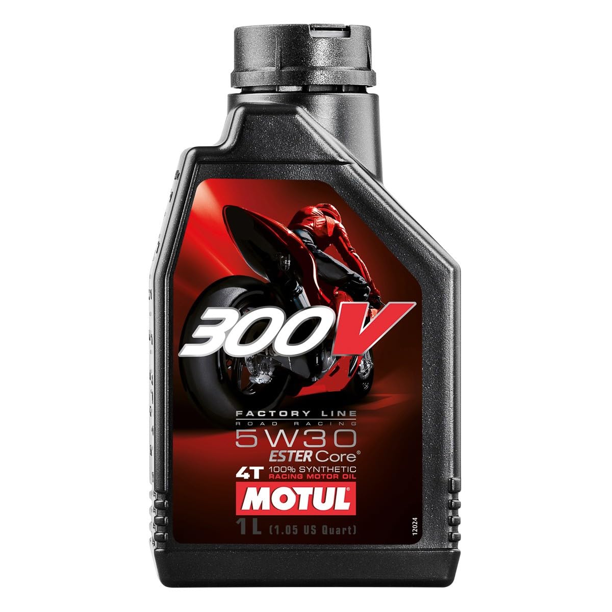 Motul 300V front bottle view showing label and racing benefits