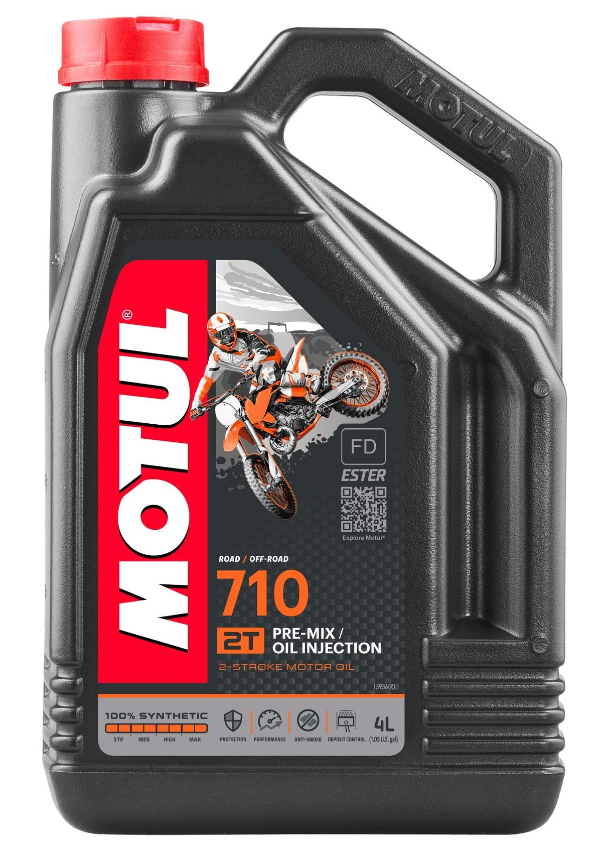 Motul 710 2T front packaging 4L showing label and benefits
