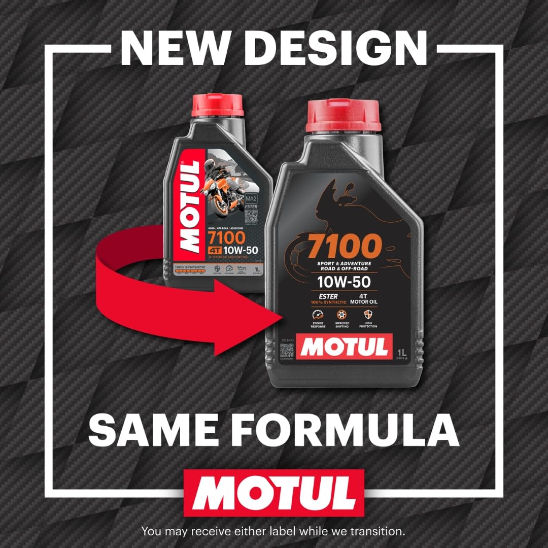 Motul 7100 4T label and specs detail showing certifications and compatibility benefit