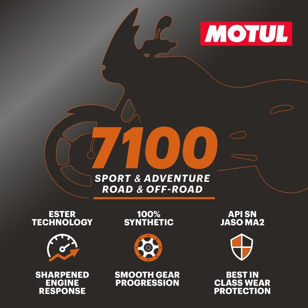 Motul 7100 four-liter bottle beside scale showing value and long-drain benefit