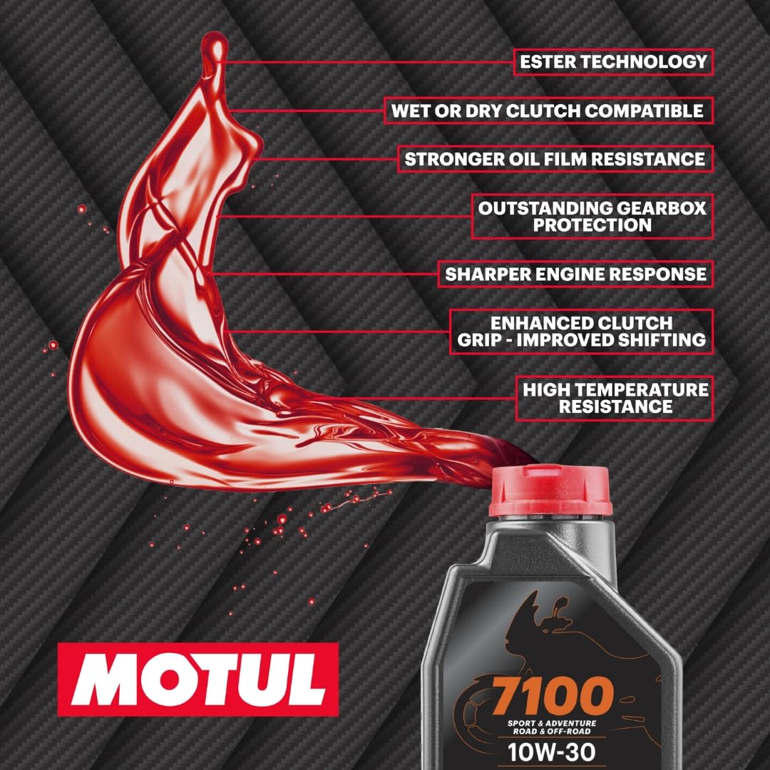 Close-up pouring Motul oil showing smooth flow and texture