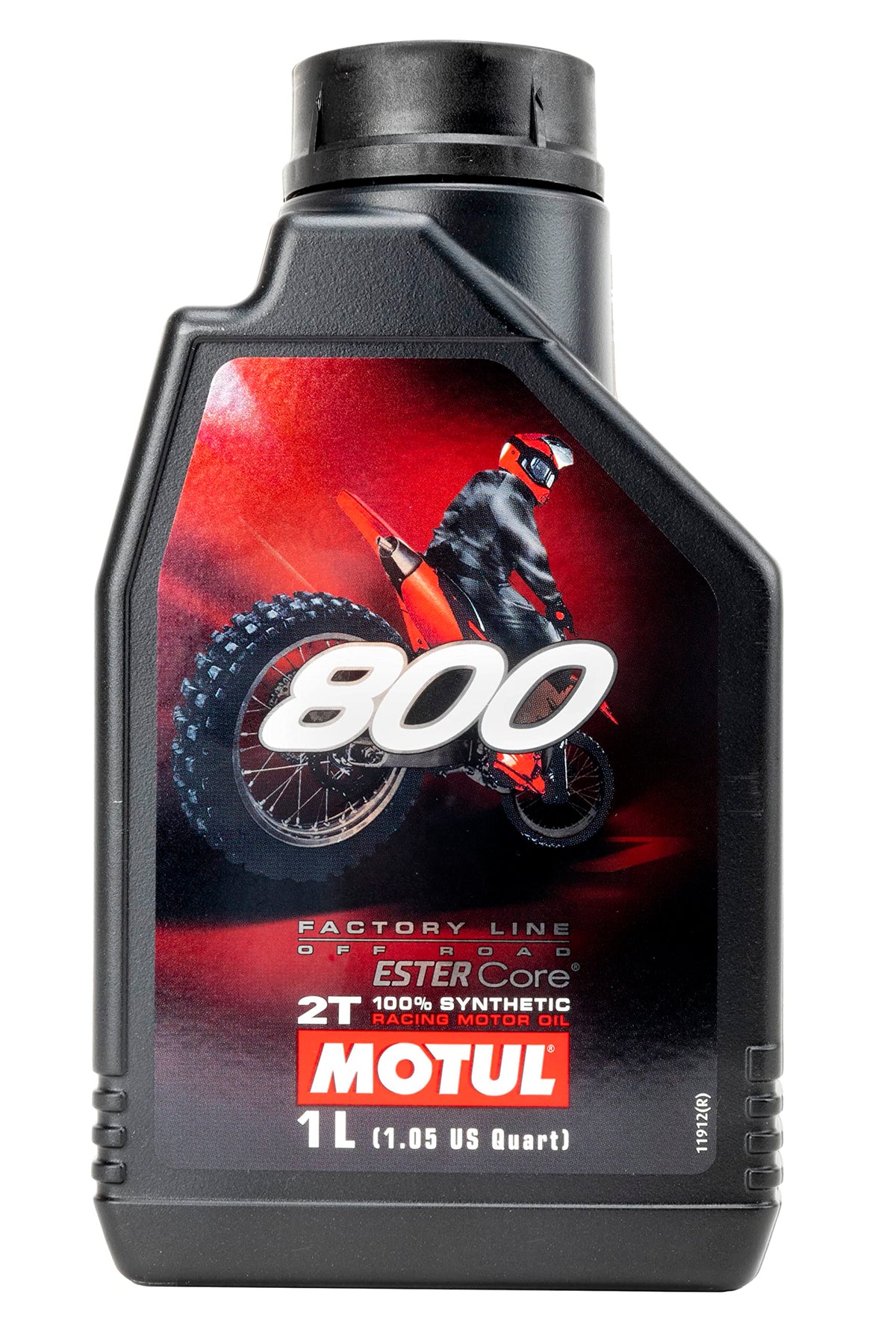 Motul 800-2T bottle beside motorcycle for scale showing convenient 1 L size