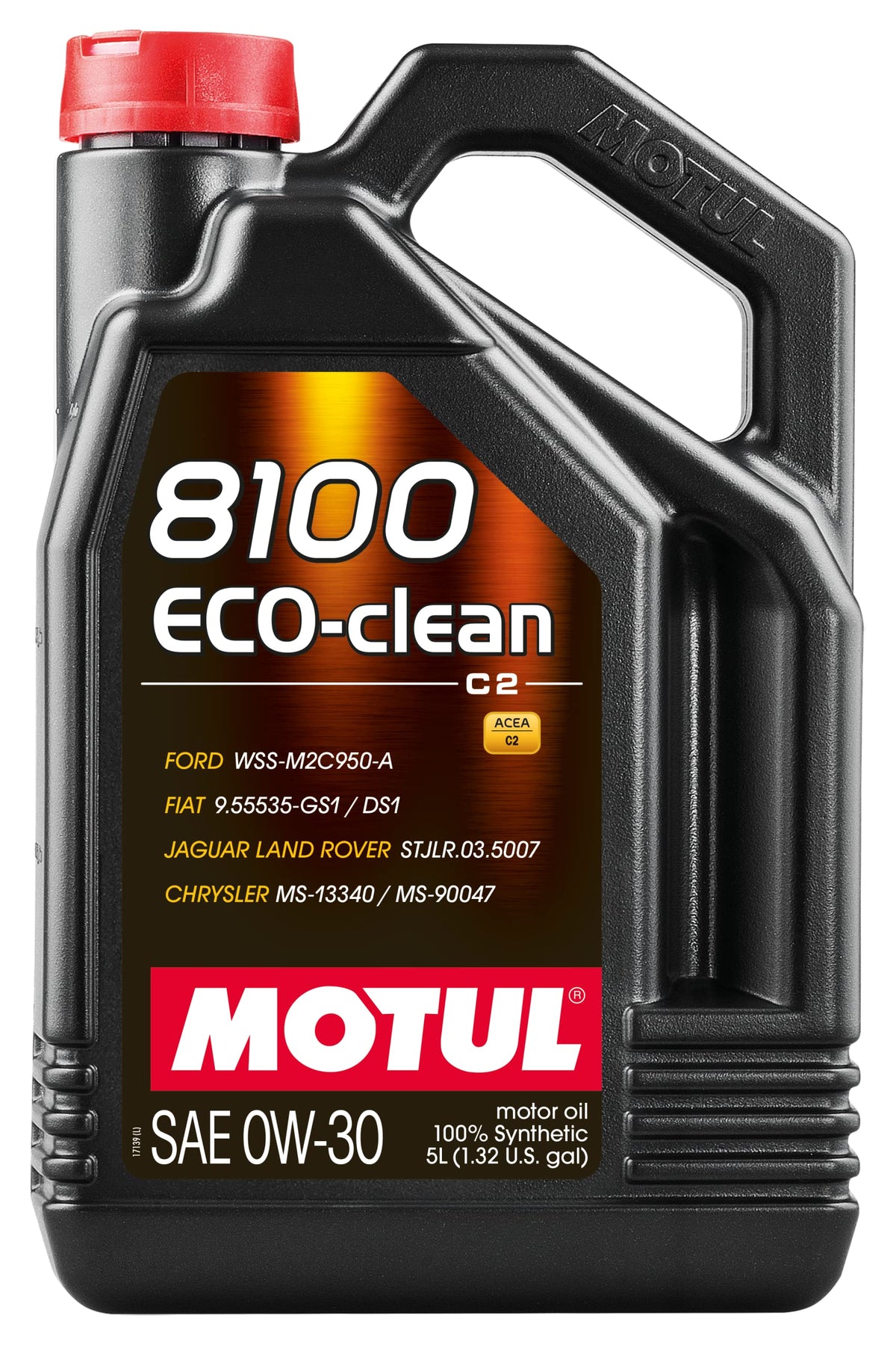 Motul 8100 ECO-clean front bottle view showing label and clear product identification
