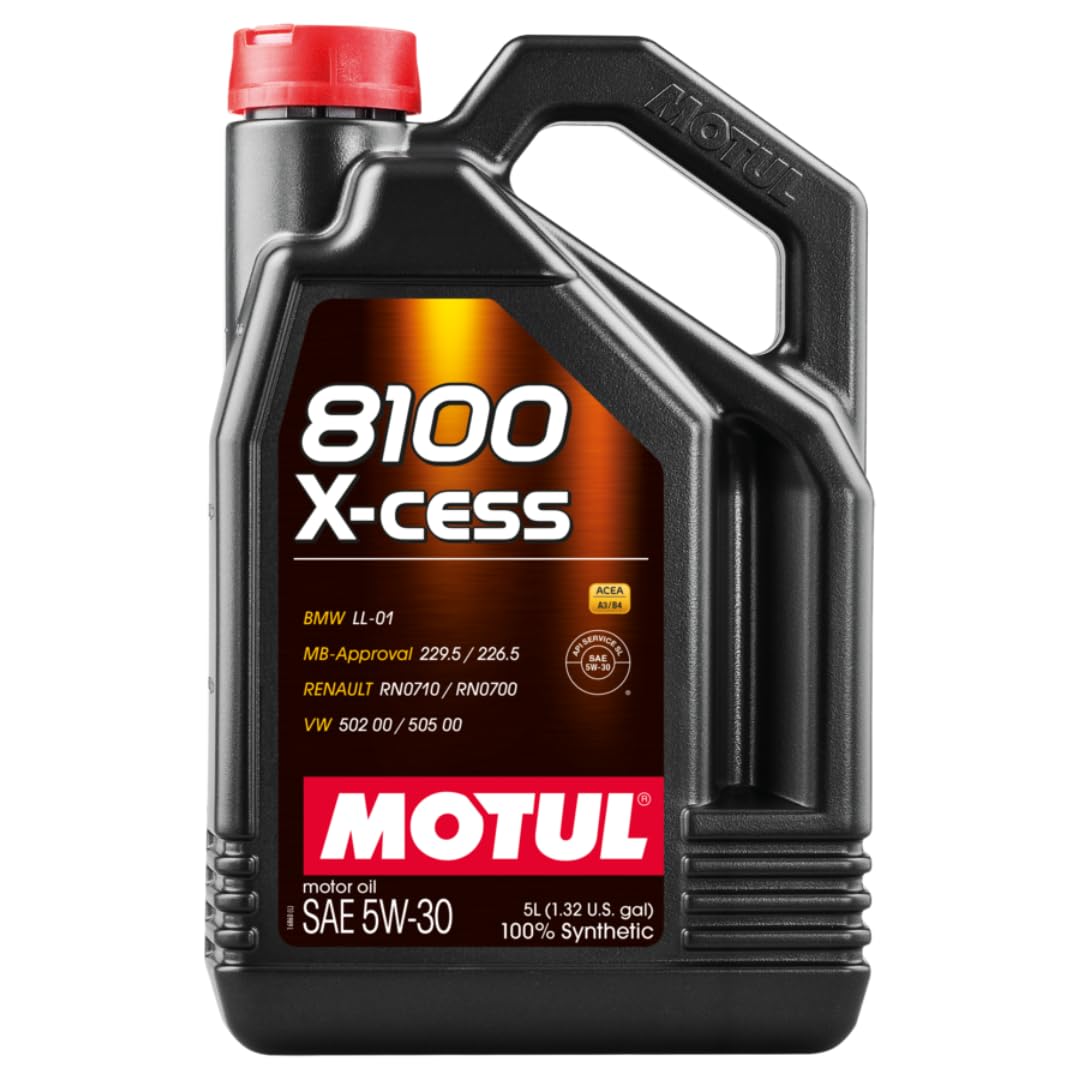 Motul 8100 X-Cess front label showing approvals and 5L benefit