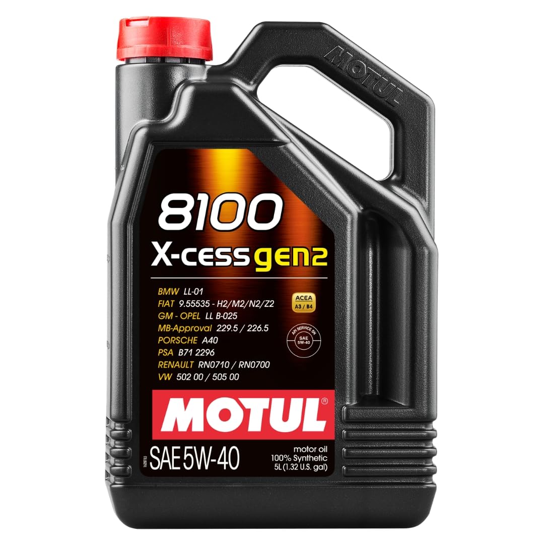 Motul 8100 X-Cess Gen2 front bottle shot showing 5L container and ergonomic handle for easy storage