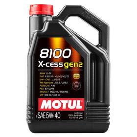 Motul 8100 X-Cess Gen2 front bottle shot showing 5L container and ergonomic handle for easy storage