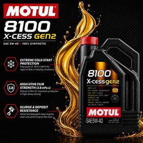 Motul 8100 X-Cess Gen2 label close-up showing OEM approvals and technical specs for confident fitment