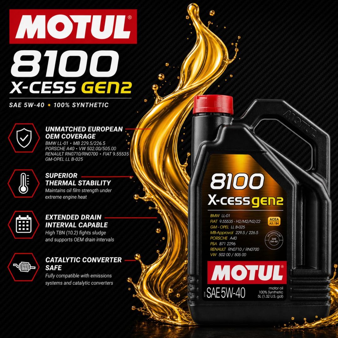Motul 8100 X-Cess Gen2 pouring into an engine bay demonstrating fast pour and precise topping off