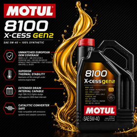 Motul 8100 X-Cess Gen2 pouring into an engine bay demonstrating fast pour and precise topping off