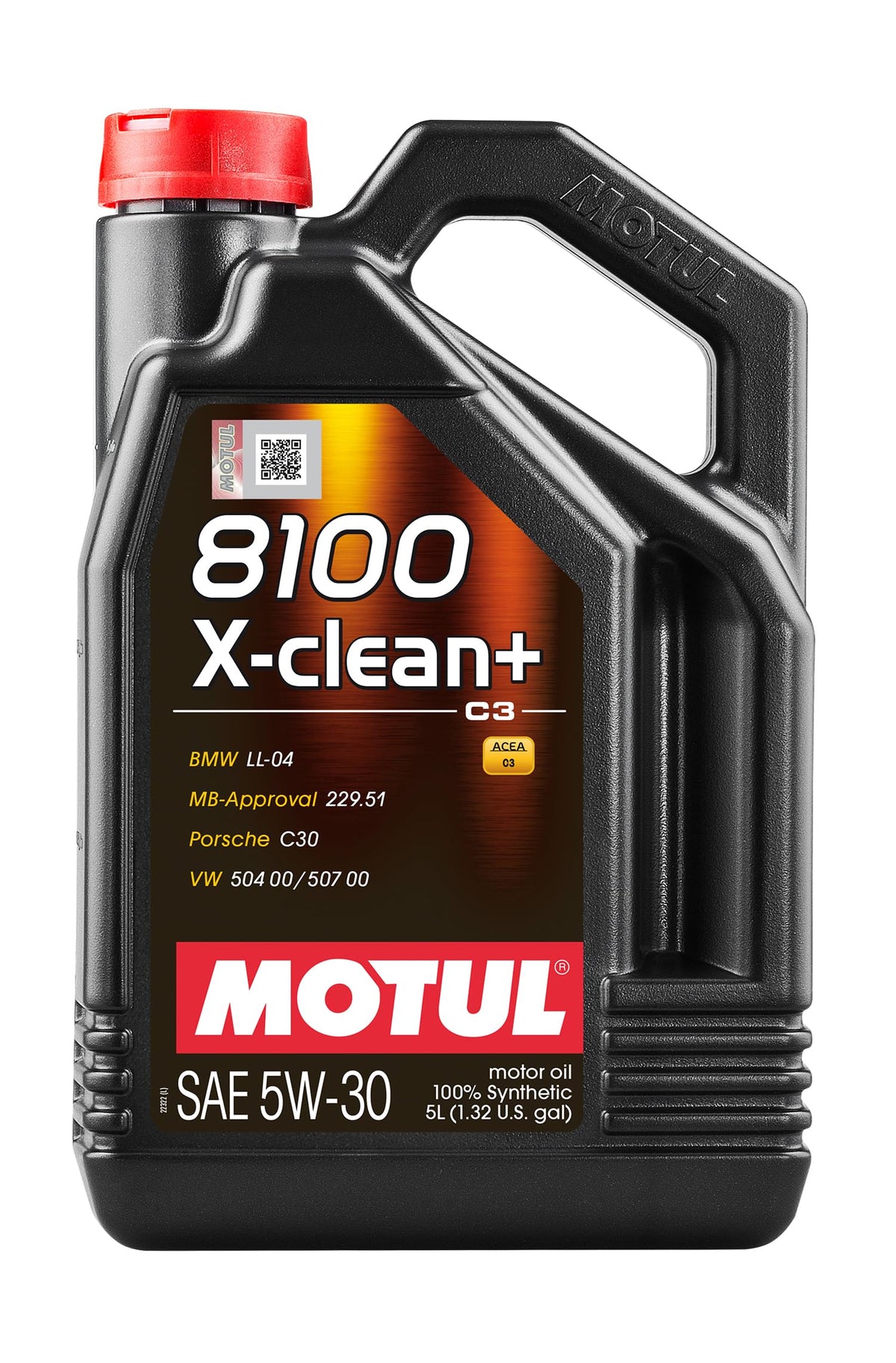 Motul 8100 X-Clean showing bottle front label, highlighting OEM approvals and protection