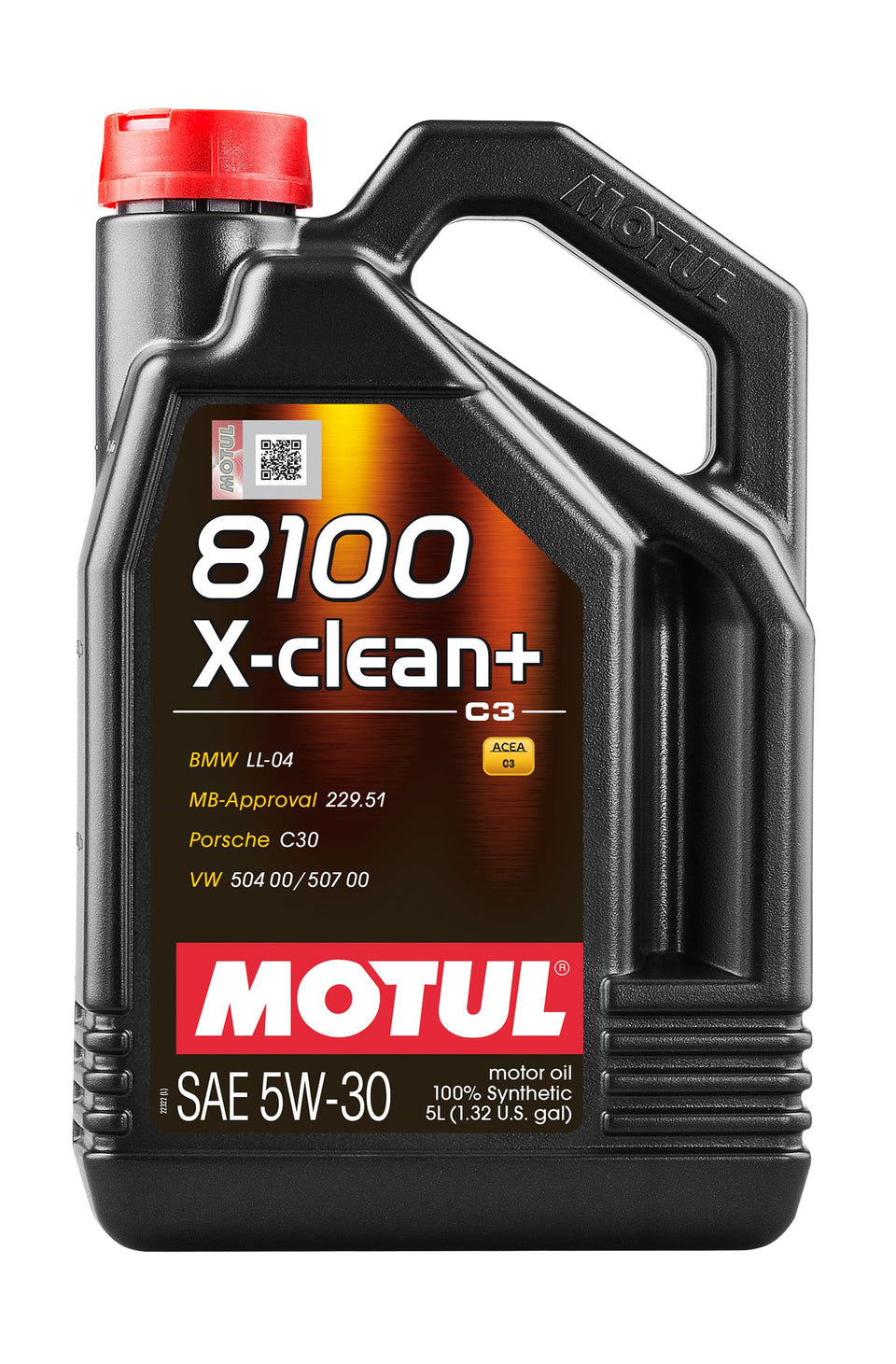 Motul 8100 X-Clean showing bottle front label, highlighting OEM approvals and protection