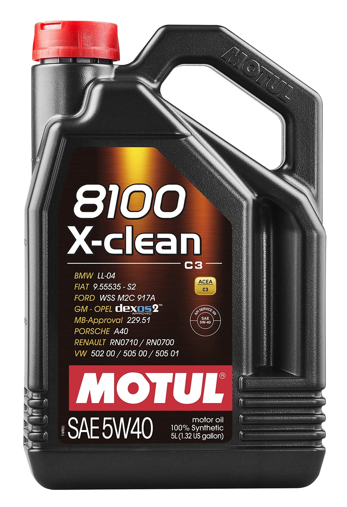 Motul 8100 X-clean front packaging 5L showing label and benefits