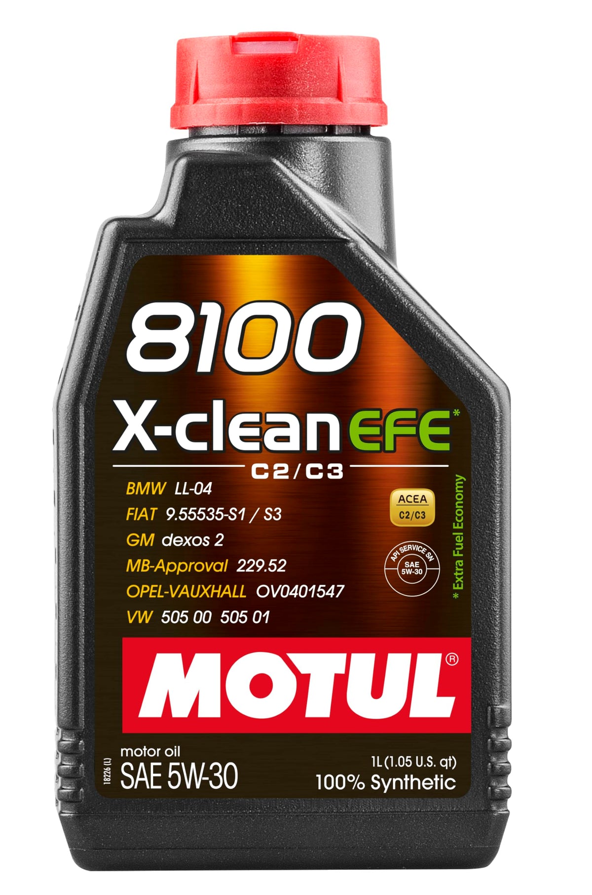 Motul front label of 8100 X-clean EFE 1L showing product ID and benefits