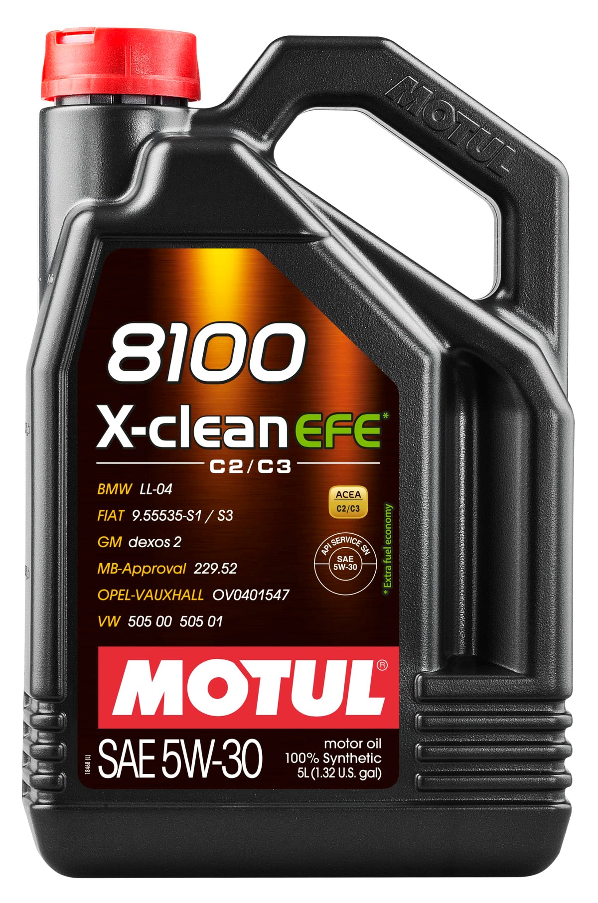 Motul 8100 X-clean EFE front label showing 5L bottle and fuel-economy benefits
