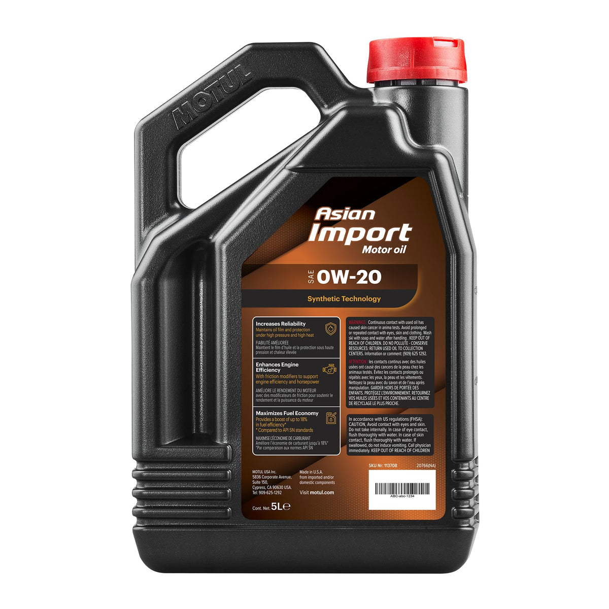 Close-up label on Motul 0W-20 highlighting API SP and ILSAC GF-6A approvals