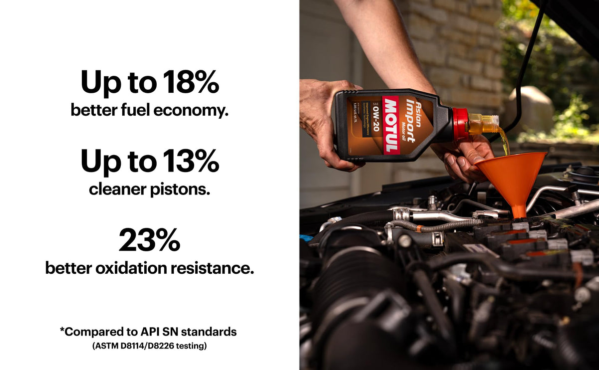 Motul 0W-20 being poured into an Asian car engine to show correct application
