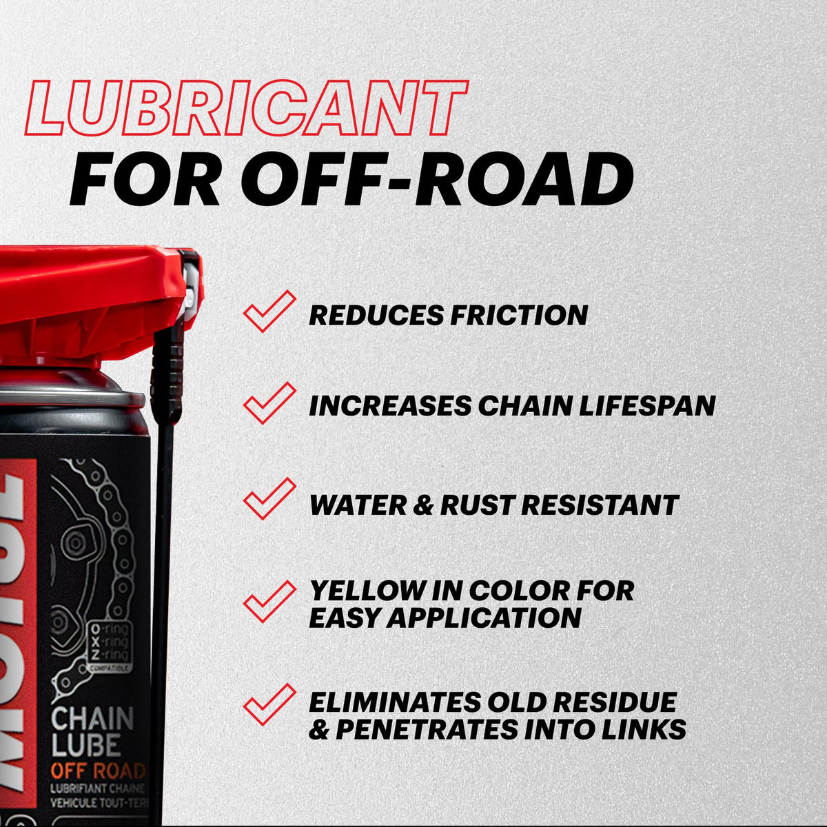 Motul MC Care C3 coverage on chain with lime-green tint for clear application benefit