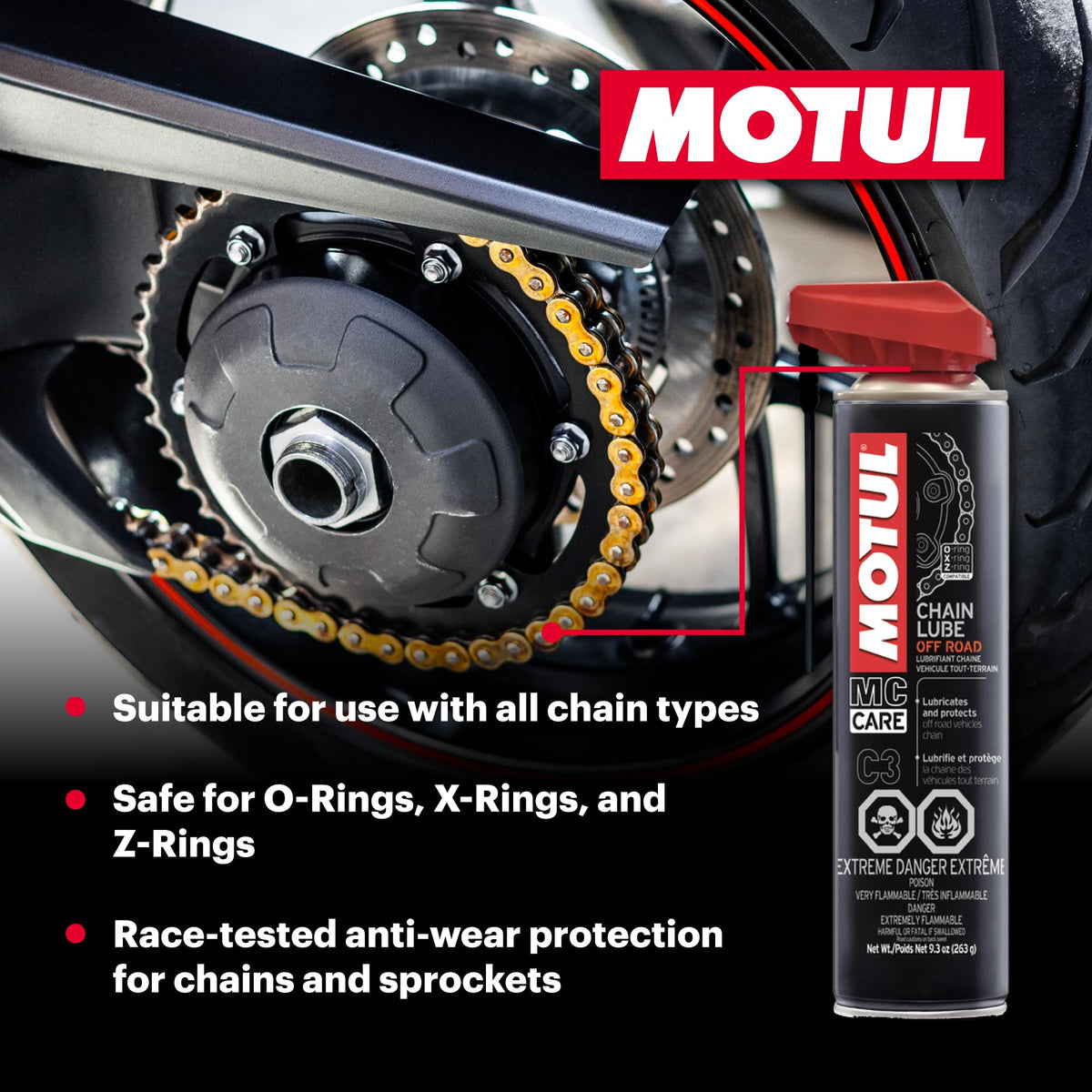 Motul chain brush and lube application on motorcycle chain for lasting protection