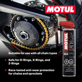Motul chain brush and lube application on motorcycle chain for lasting protection