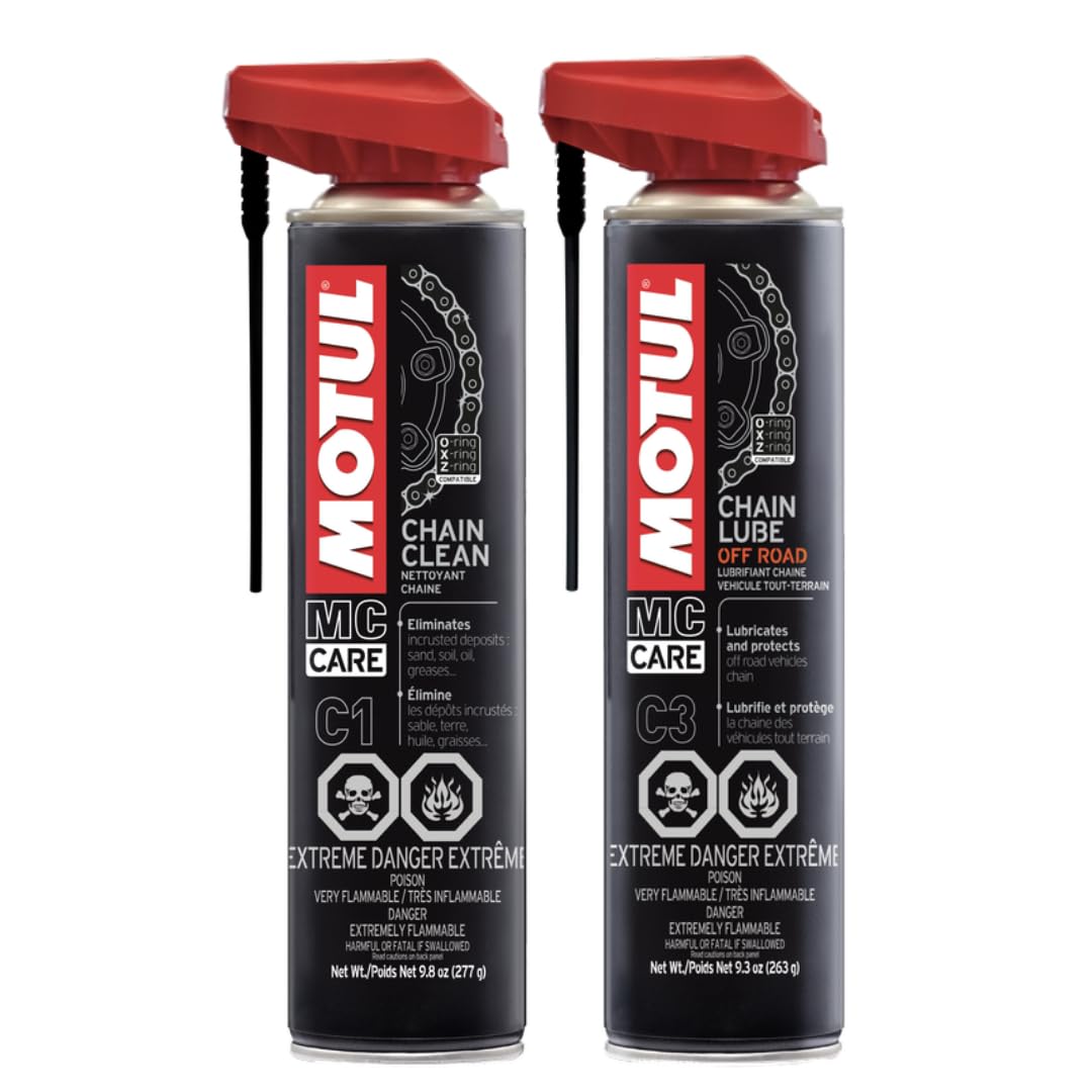 Motul front packaging showing both Chain Cleaner and C3 lube for easy identification and storage