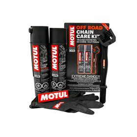 Motul chain care kit box front showing contents and benefits